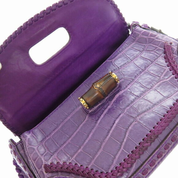 Gucci Bamboo Alligator Fringe Tassel Shoulder Handbag Crocodile Purple - Picture 7 of 8